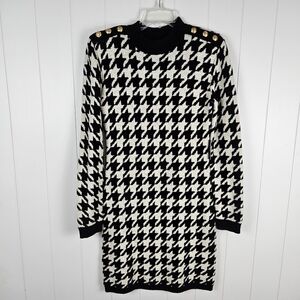 Express Sweater Dress Mock Neck Houndstooth Black White Button Chunky Mini M
